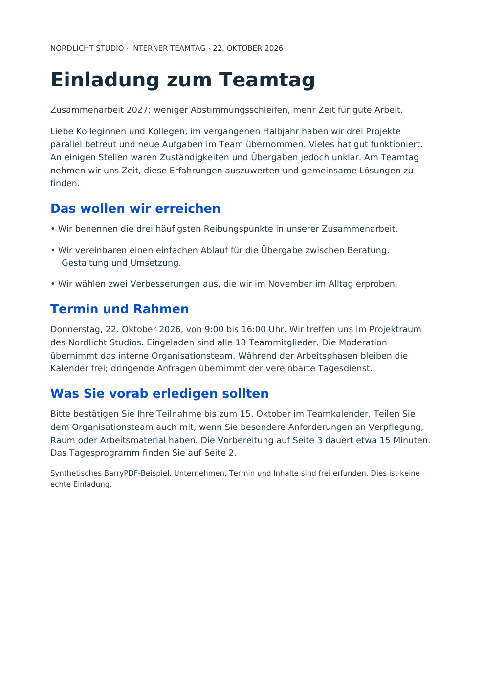 Aufbereitetes PDF: Seite 1 des synthetischen Teamtag-Beispiels
